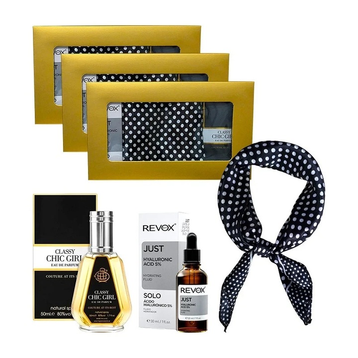 3 x Set Elysa - Apa de Parfum Classy Chic Girl 50ml Femei, Ser Revox Hyaluronic Acid 5% 30ml, Esarfa