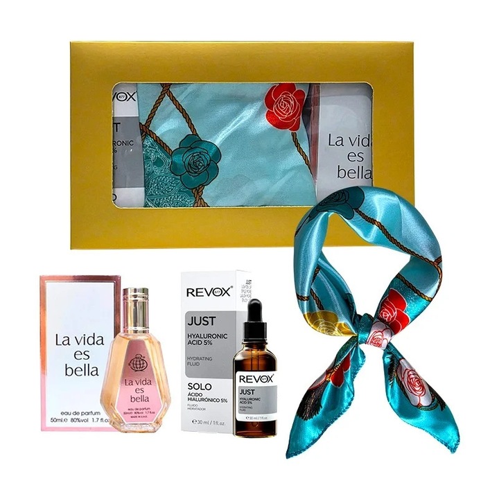 Комплект Elysa – Парфюм La Vida es Bella 50мл, Серум Revox Хиалуронова киселина 5% 30мл, Син шал
