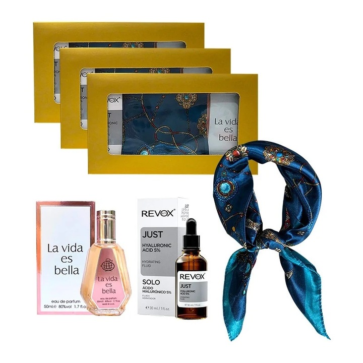 3 x szett Elysa - La Vida es Bella Eau de Parfum 50ml Nőknek, Revox Hyaluronic Acid 5% 30ml Szérum, Sál