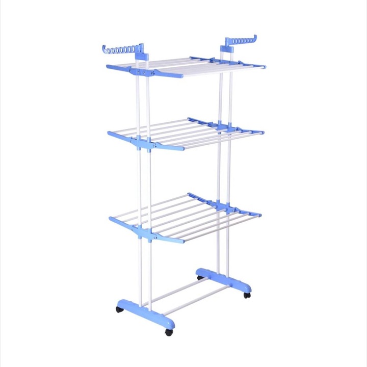 Függőlegesen összecsukható 3 szintes ruhaszárító, 360°-ban forgatható, kerekekkel, nagy szárítási kapacitás