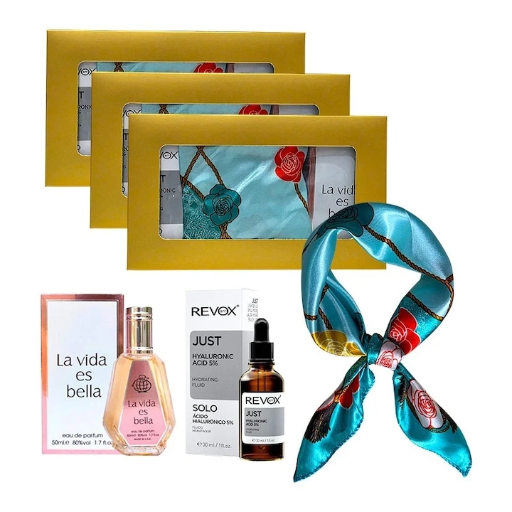 3 x Set Elysa – Apa de Parfum La Vida es Bella 50ml, Ser Revox Hyaluronic Acid 5% 30ml, Esarfa bleu