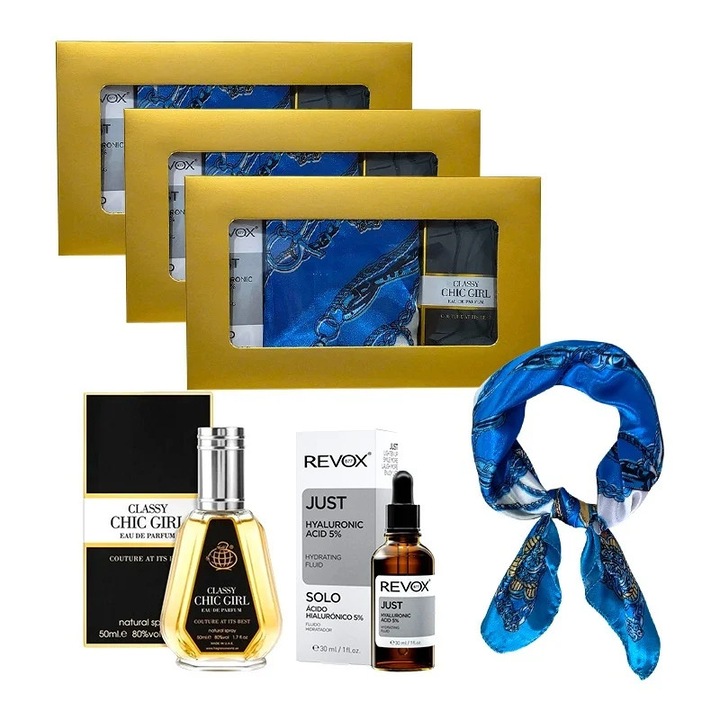 3 x Set Elysa – Apa de Parfum Classy Chic Girl 50ml, Ser Revox Hyaluronic Acid 5% 30ml, Esarfa albastra