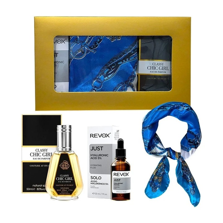 Set Elysa – Apa de Parfum Classy Chic Girl 50ml, Ser Revox Hyaluronic Acid 5% 30ml, Esarfa albastra