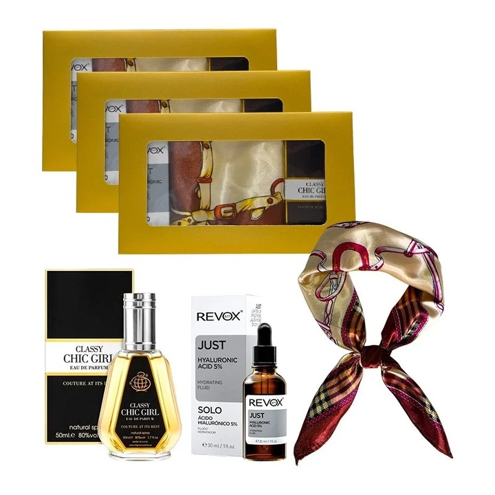 3 x szett Elysa – Ser Revox Hyaluronsav 5% 30ml, Apa de Parfum Classy Chic Girl 50ml, Szatén krém sál