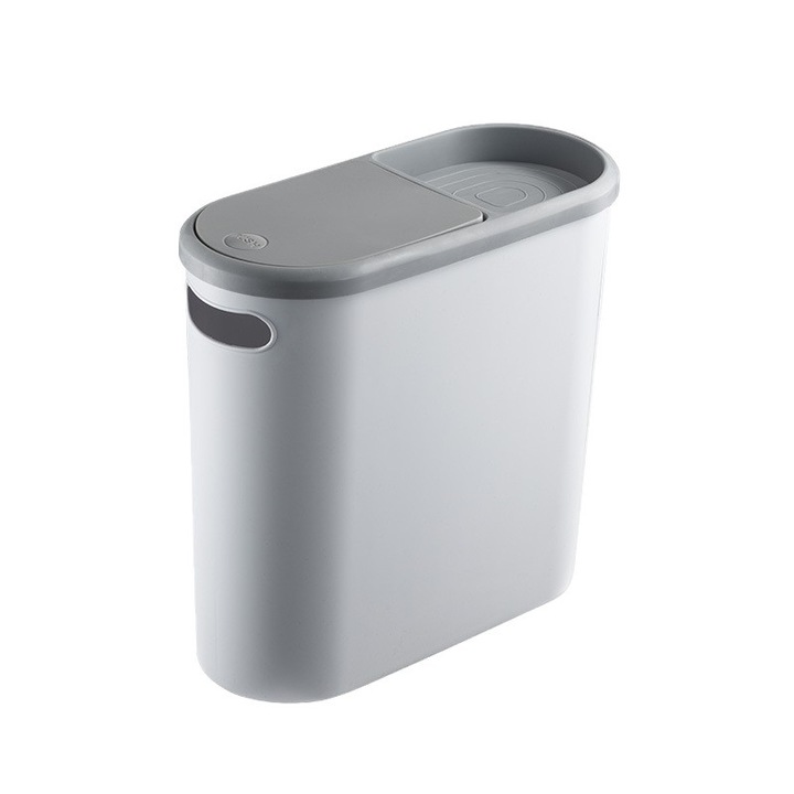 Cos de gunoi cu capac automat, 10 l, plastic, 31.5 x 14 x 30 cm, gri, compartiment de depozitare, maner, pentru baie si bucatarie