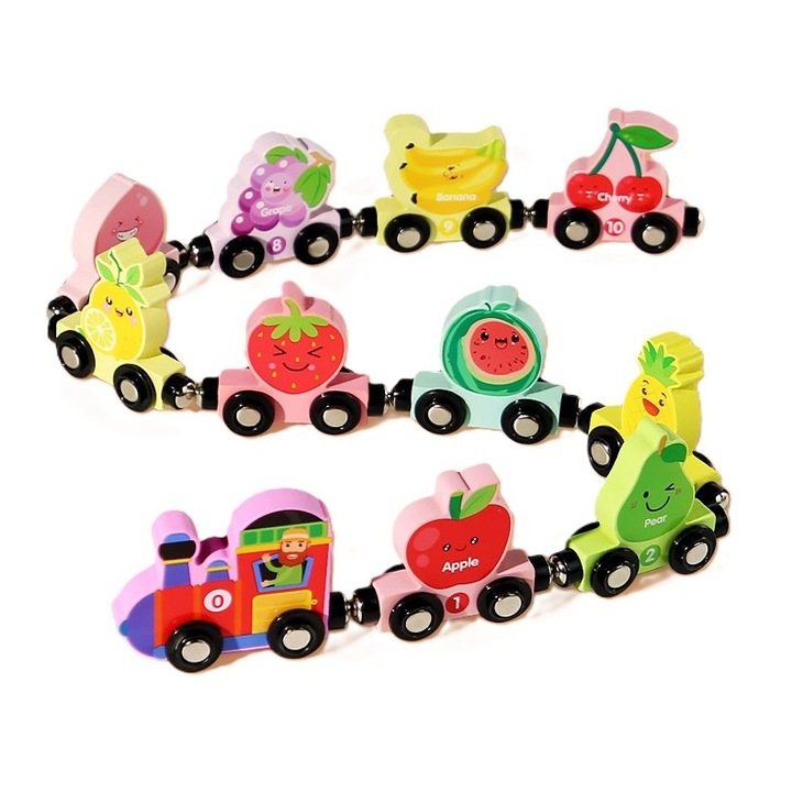 Trenulet Magnetic, Flippy, din Lemn, Model 10 Fructe, +3 Ani, Jucarie de Asamblat, Multicolor