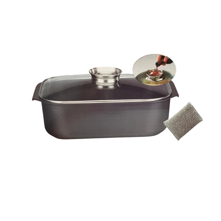 Tava pentru cuptor si plita, aluminiu, 40x25x11cm, capac din sticla, antiaderenta
