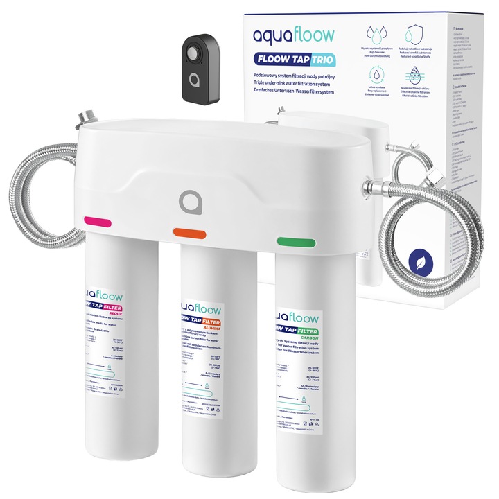 AquaFloow hármas víztisztító rendszer mosogató alá, klór, nehézfémek csökkentése, 3 szűrő a készletben: Redox, Activated Alumina, Carbon