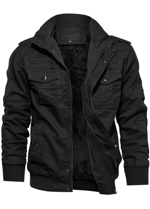 Jacheta iarna de barbati din bumbac, stil militar, bomber, cu buzunarokoke cargo, Negru