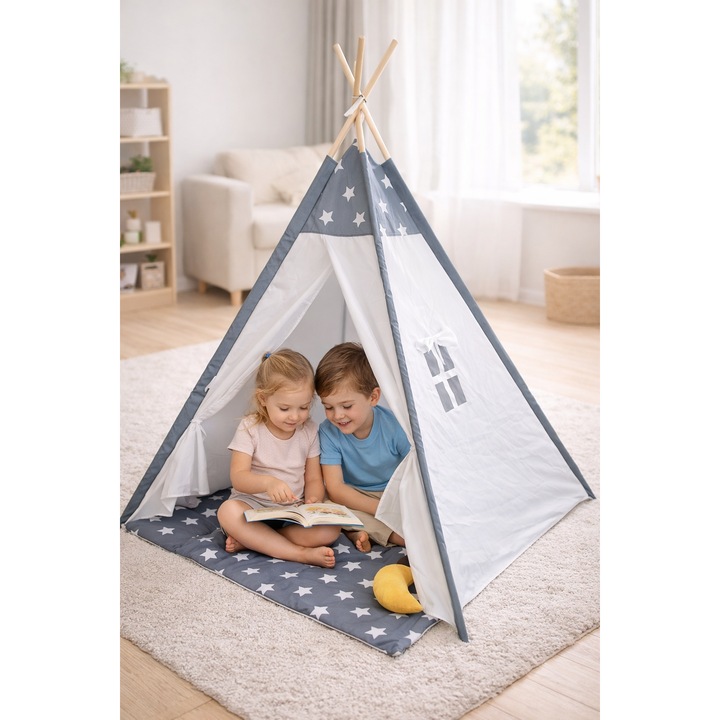 Cort de Camera pentru Copii Tip Indian (Teepee), Alb & Gri, pentru Interior si Exterior, dimensiune 120×120×150 cm
