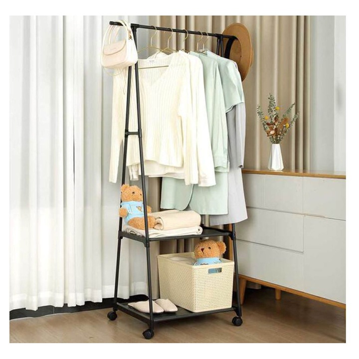 Suport Haine Tip Triunghi DMV Solux, 2 Polite Inferioare, Bara Umerase, Design Minimalist, Ideal Dormitor sau Hol, Montaj Usor, 160x55x42 cm