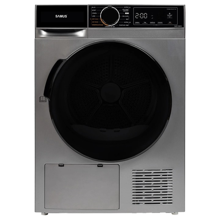 Uscator rufe automat, Samus SADP-836DS, pompa de caldura, 8 kg, clasa D, latime 60 cm, functie Antisifonare, igienizare UV, blocare acces copii, optiune pornire intarziata, gri + negru