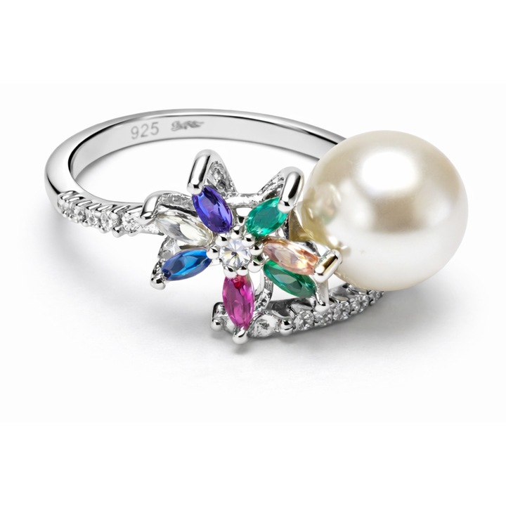 Inel din argint 925 cu pietre multicolor si perla alba, marimea este reglabila