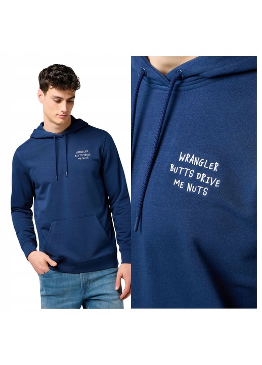 Мъжки суичър, Wrangler, Embroidery Hoodie, Стандартна кройка, Класически дизайн, С лого, Дълъг ръкав, С качулка, Памук, Син, Син