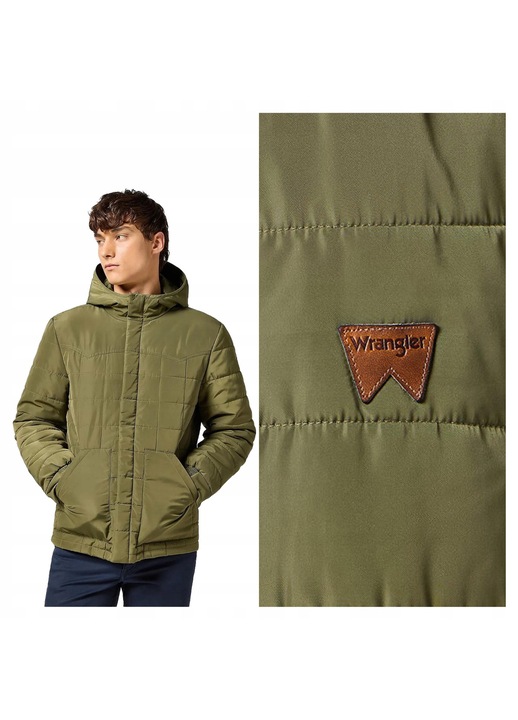 Férfi kabát, Wrangler, Transitional Puffer, Regular Fit, Klasszikus dizájn, Kapucnis, Cipzáras, Pamut, 4XL INTL, Zöld