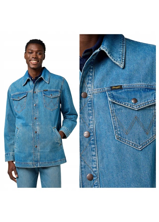 Jacheta Barbati, Wrangler, Wrange Jacket, Regular Fit, Denim Design, Fara Gluga, Cu Nasturi, Bumbac, Marime XL, Albastru