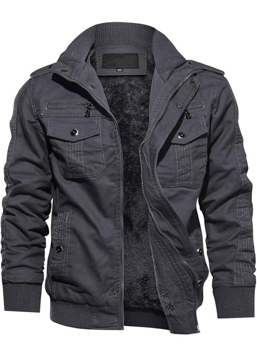 Jacheta iarna de barbati din bumbac, stil militar, bomber, cu buzunarokoke cargo, Gri