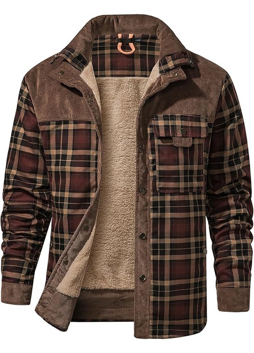 Camasa de flanel pentru barbati, captusita cu fleece, 100% bumbac, in carouri, maro si negru, 3XL US
