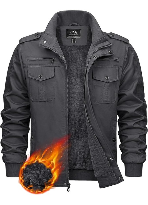 Jacheta iarna de barbati din bumbac, stil militar, bomber, cu buzunare cargo, Gri, marimea 3XL