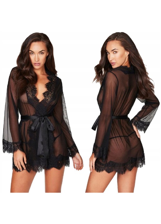 Set Halat Dantelat Cu Stringuri, Snm, Marime Universala, Fabricat Din Material Transparent, Finisaje Dantelate, Legat In Talie, Lungime 75 cm x Lungimea Manecii Din Interior 46 cm x Latimea Umerilor 43 cm x Latimea Sub Brate 47 cm, Multicolor