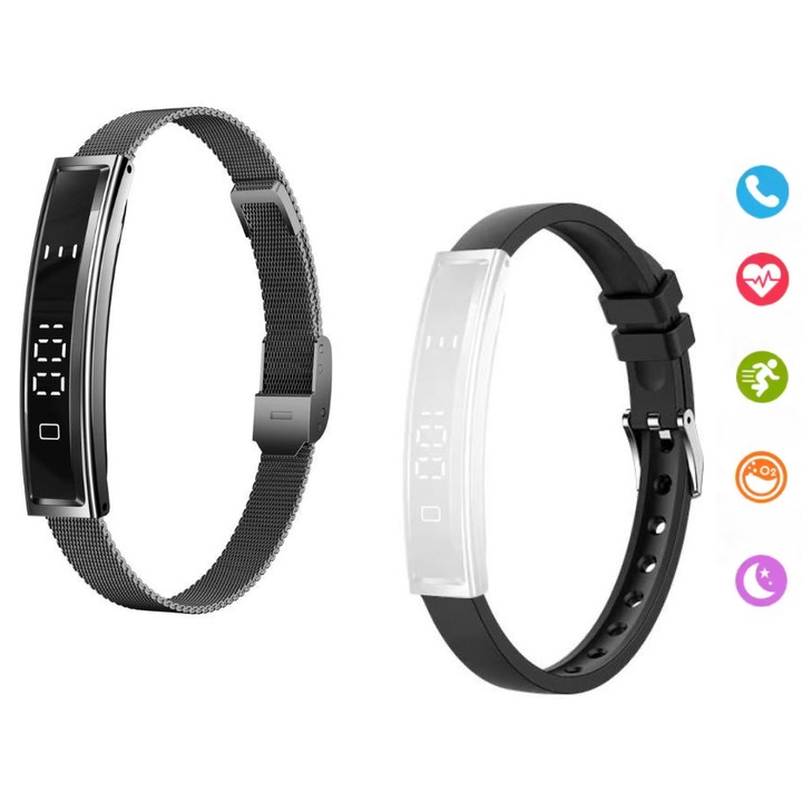 Bratara Fitness Inteligenta, Eleganta, Metalica, Neagra, Dama, Femei, Monitorizare Ritm Cardiac, Puls, Oxigen, Somn, Ciclu Menstrual, Pedometru, Moduri Sport, Ecran Touch LED, Rezistenta la Apa IP68 5ATM, Baterie Durabila + Curea Silicon Neagra