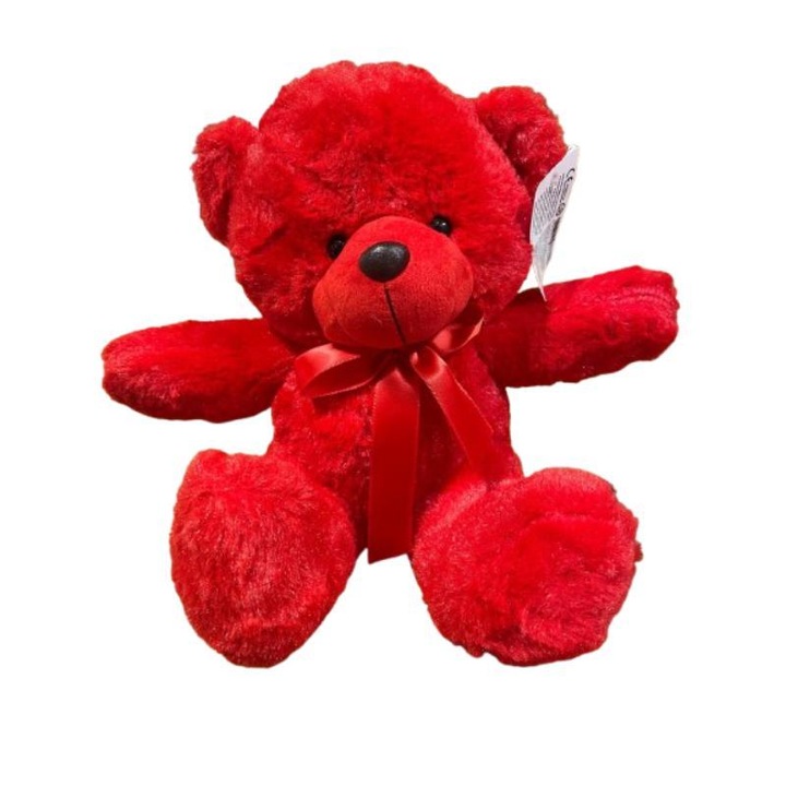 Figurina Ursulet rosu cu fundita, pufos si deagalas, 25 cm