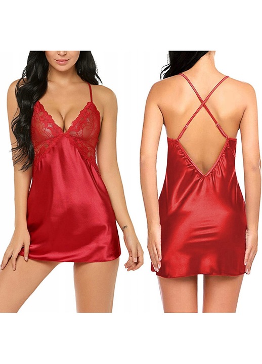 Set Camasa De Noapte Cu Stringuri, Snm, Material 100% Poliester, Decolteu In V, Maneci Cu Bretele, Model Simplu, Dantela, Lungime 82 85 cm x Latime Sub Brate 33 48 cm x Latime Talie 37 40 cm x Latime Solduri 40 46 cm, Multicolor