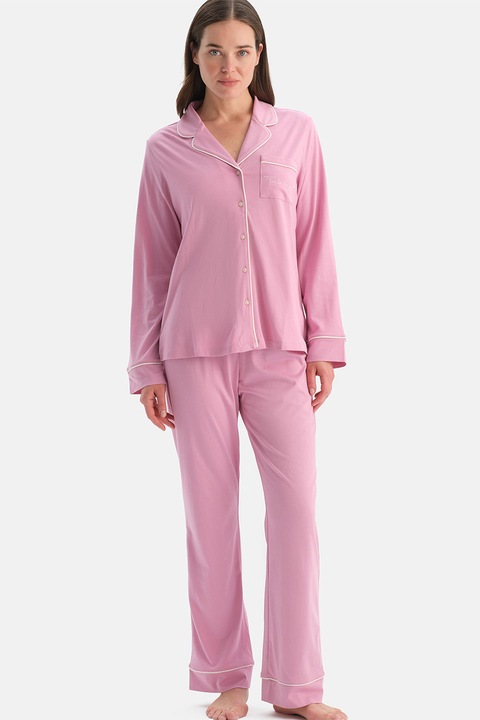 DAGI, Pijama din bumbac si modal cu maneci lungi si buzunar aplicat, Roz pastel