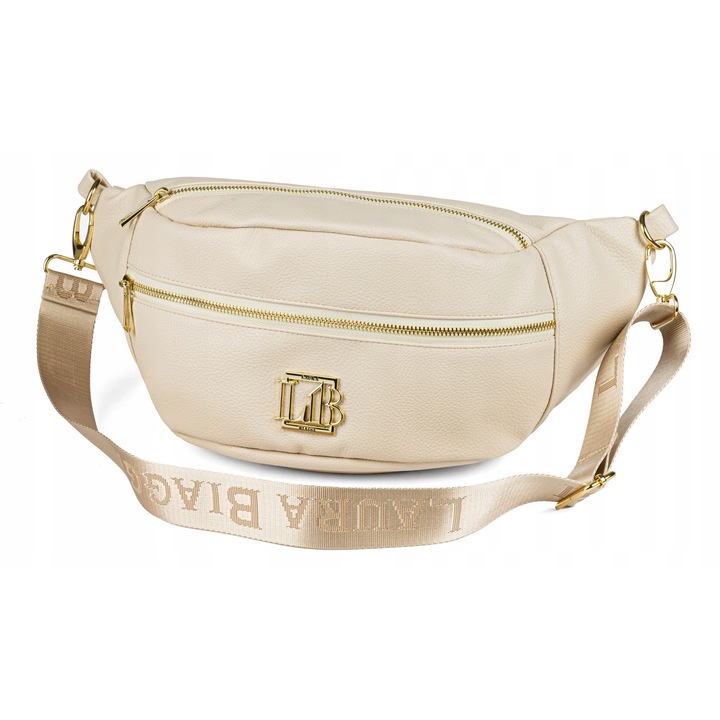 Geanta dama Laura Biaggi, nerka, bej, 20x38x10 cm, cu 2 buzunare exterioare, 1 buzunar interior