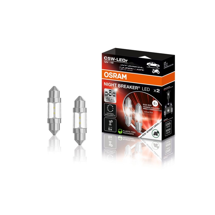 Bec LED Osram C5W, alb rece 6000K, 36mm, set 2 buc