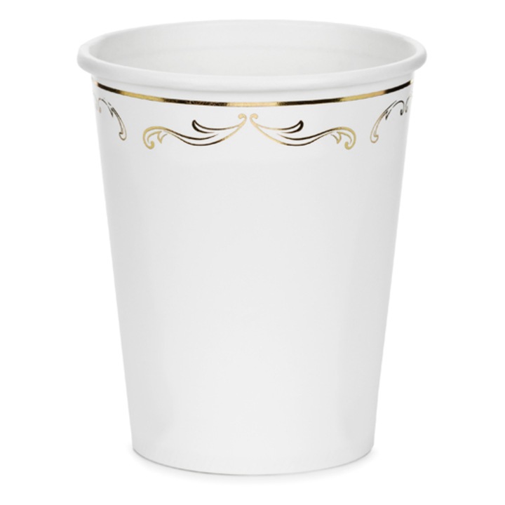 Pahare din hartie cu ornament, auriu/albe, 220 ml