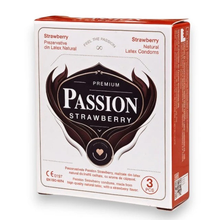Prezervative PASSION Strawberry, din latex natural, lubrifiate si rezistente, diametru 52 mm, cu aroma de capsuni, 3 buc