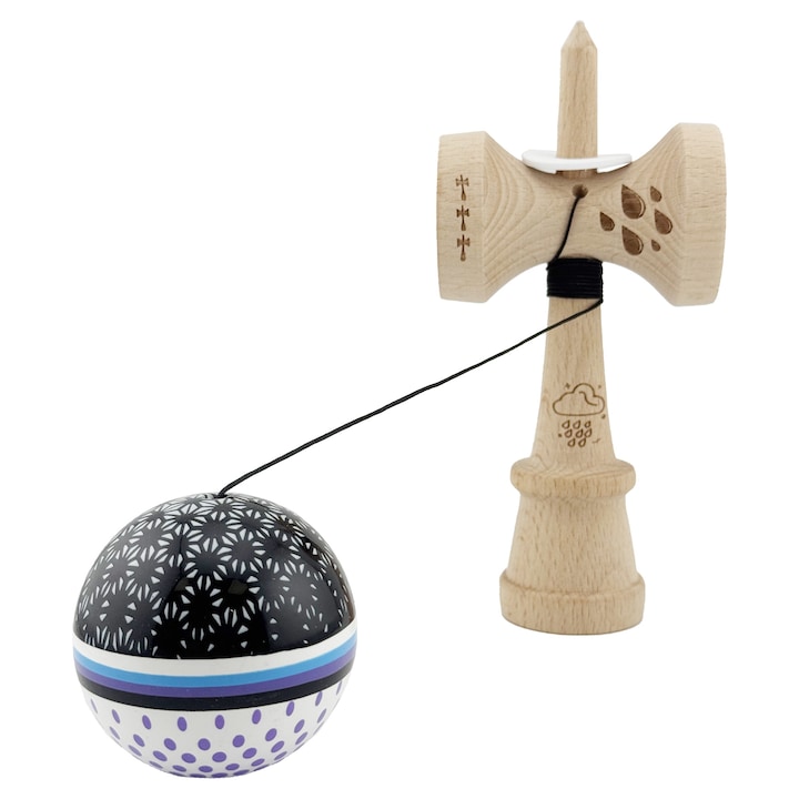 Kendama Originala, Profesionala, RAINDROPS, Super Sticky cu Cupe Mari KING SIZE V3, Gaura in Baza, Rulment Metalic,18 cm, Ata 62/65 cm, Alb/Negru/Mov