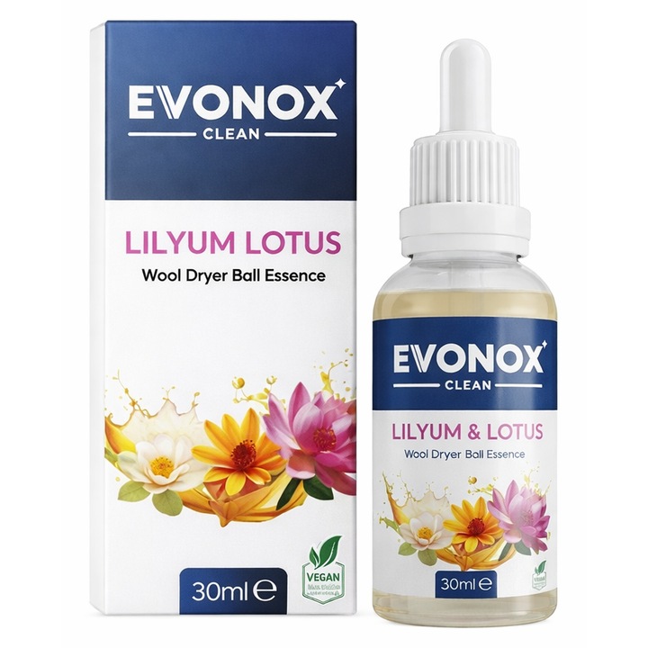 Esenta pentru bile de uscator, Evonox, Lilyum Lotus 30 ml, parfum floral, formula compatibila cu bile din lana