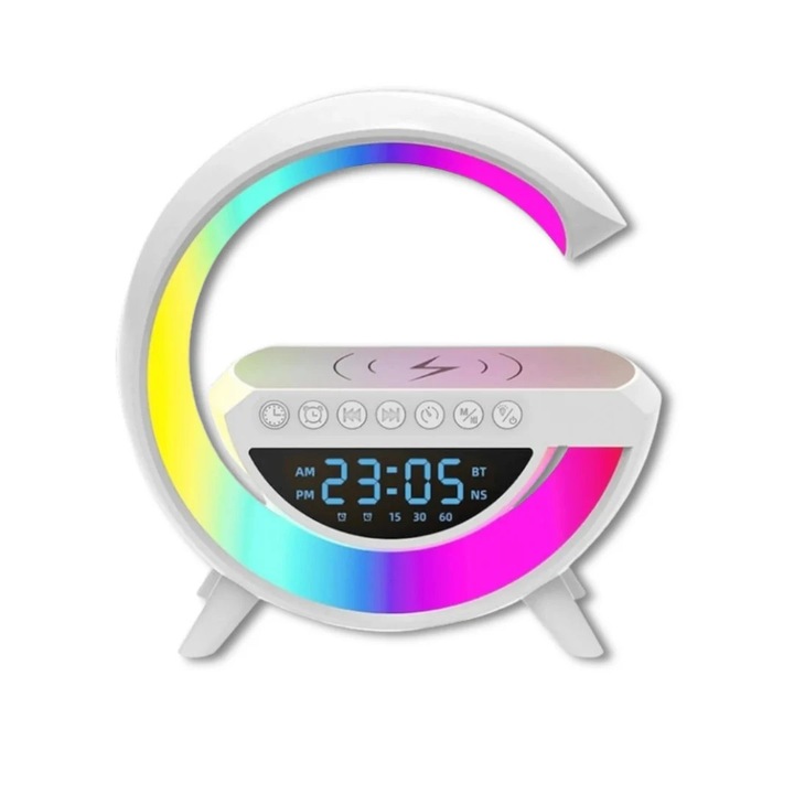 Модерна, многофункционална лампа, възпроизвеждане на музика чрез Bluetooth, USB и карта, 5w високоговорител, RGB осветление, радио и безжично зареждане 15w, Dactylion®