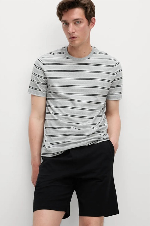 Marks & Spencer, Pijama cu dungi si pantaloni scurti, Alb/Negru/Gri