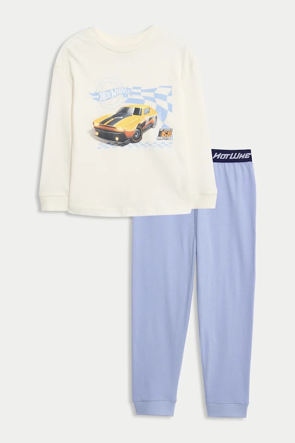 Marks & Spencer, Pijama cu pantaloni lungi, imprimeu cu masini si banda elastica, Alb murdar, Albastru deschis, 98-104 CM