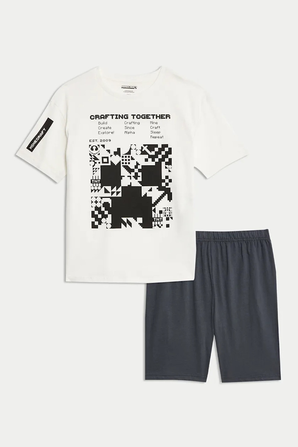 Marks & Spencer, Pijama cu pantaloni scurti cu imprimeu Minecraft, Alb murdar, Gri inchis, 110-116 CM
