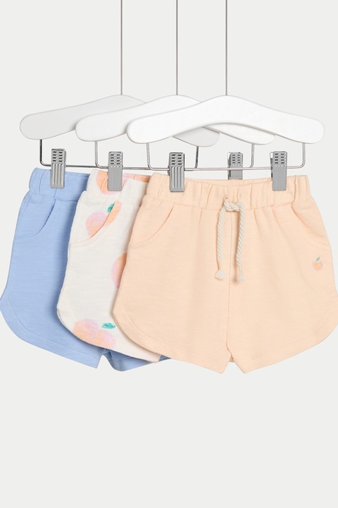 Marks & Spencer, Set de pantaloni scurti cu talie ajustabila - 3 piese, Alb/Piersica/Albastru