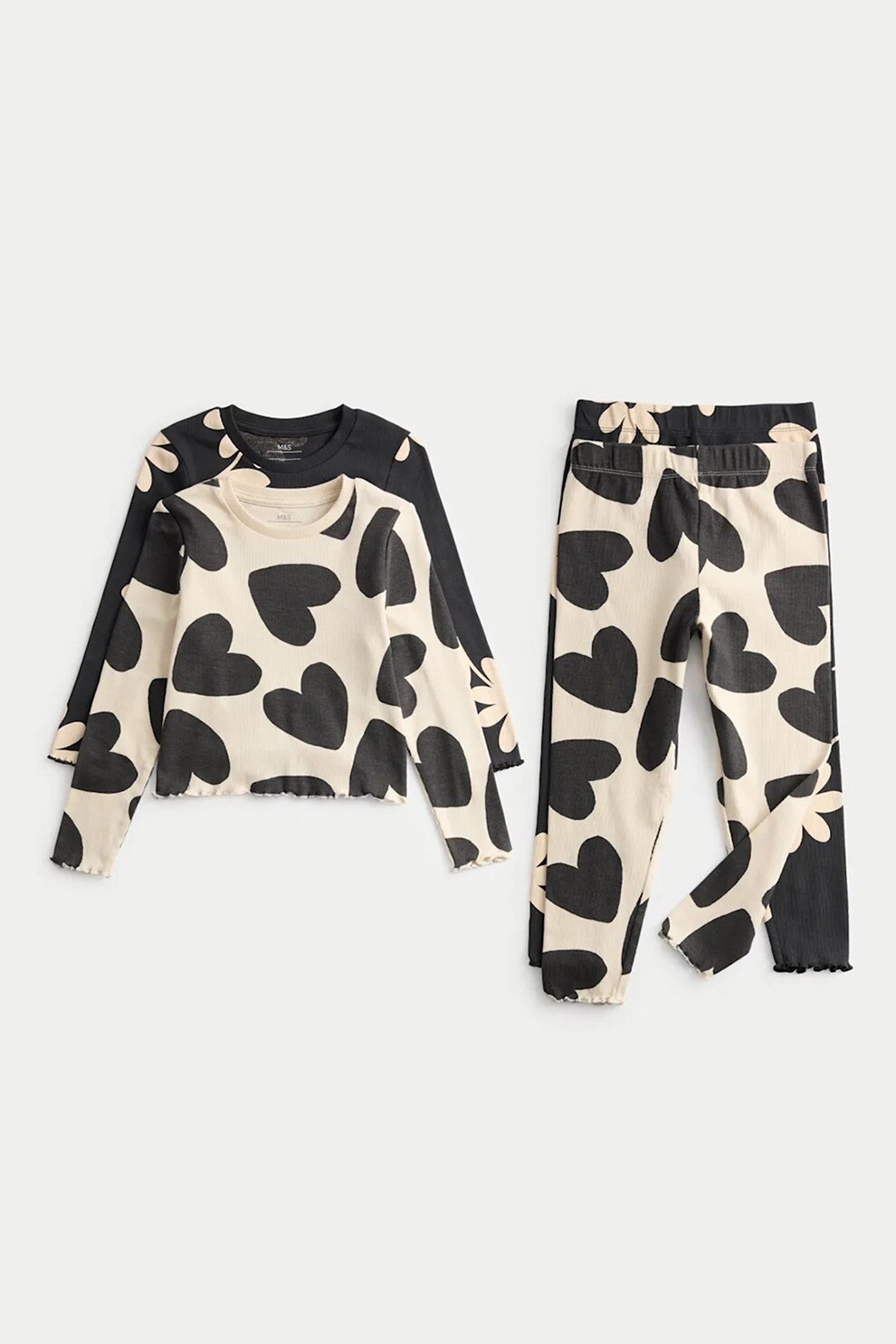 Marks & Spencer, Set de pijama cu pantaloni lungi si model cu inimi - 4 piese, Negru, Crem, 98-104 CM