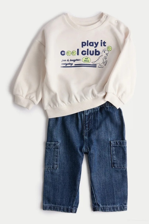 Marks & Spencer, Set de bluza de trening din amestec de lyocell cu imprimeu si blugi - 2 piese, Alb murdar/Bleumarin