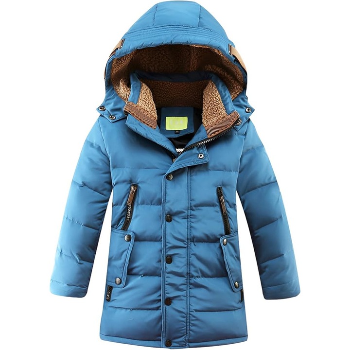 Geaca de Iarna pentru Baieti cu Puf Natural de Rata – Parka Calduroasa cu Gluga Captusita, Rezistenta la Vant, Ideala pentru Scoala si Activitati Outdoor, Albastra, Marimea 140, 7-8 ani