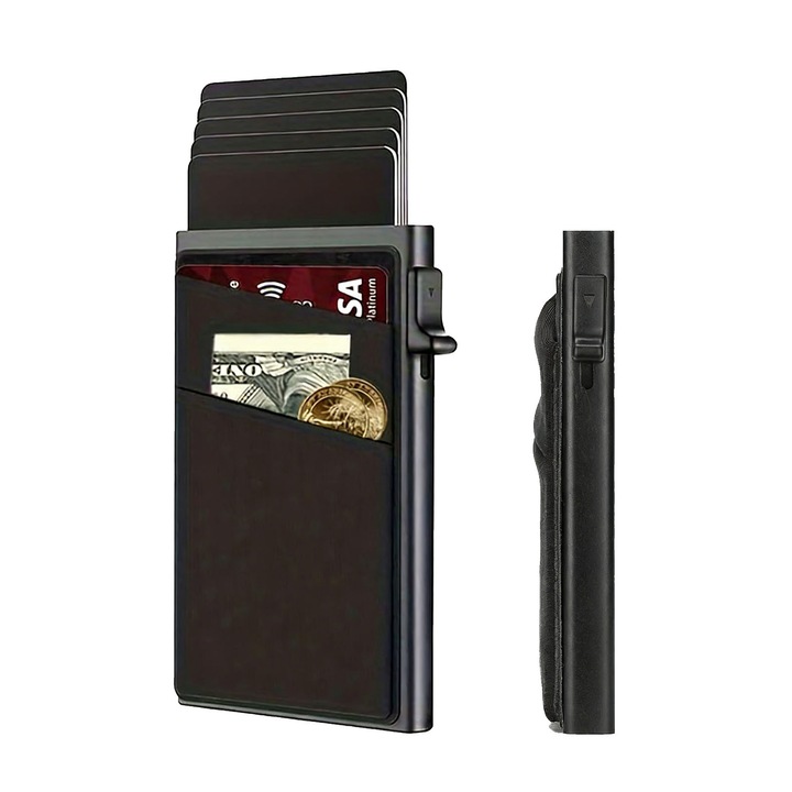 Asskanaer vékony alumínium pénztárca, RFID védelem, 10 kártya tartó, fekete, 9.8x6.5x0.8cm