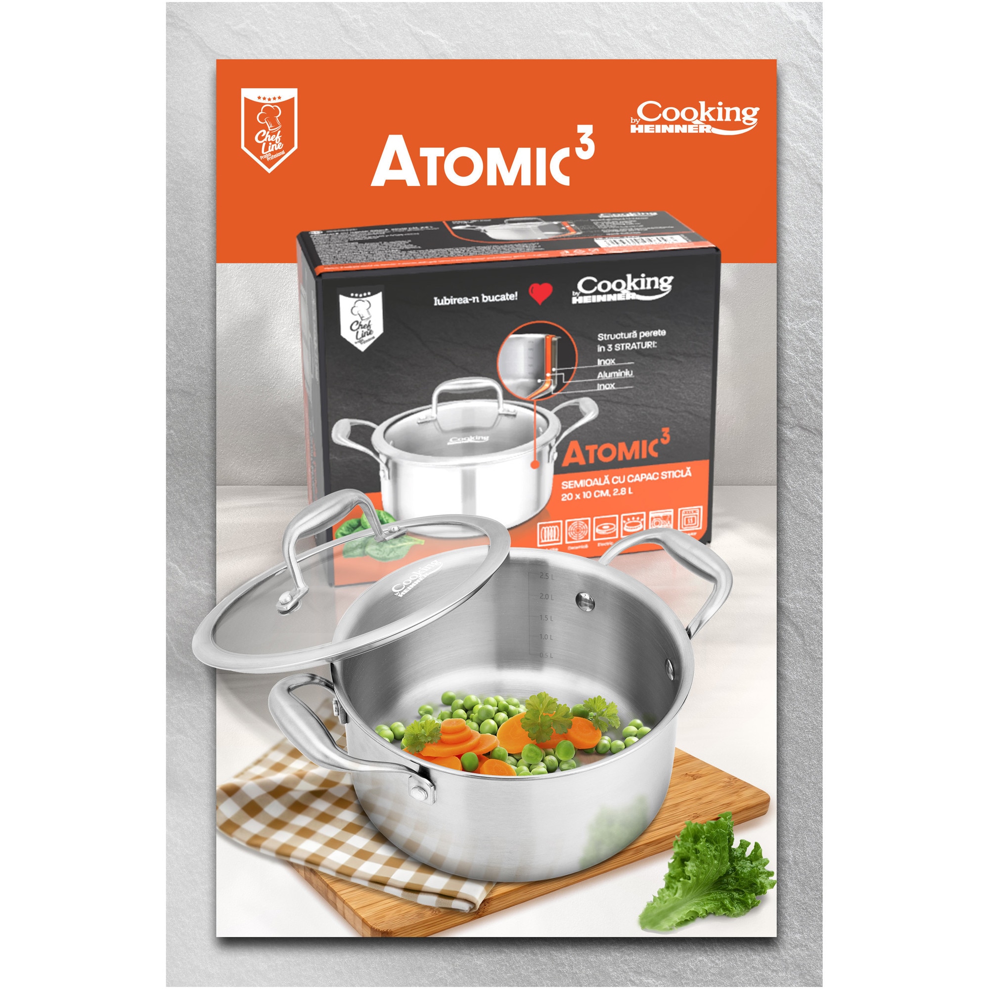 Tigaie adanca cu capac sticla Cooking by Heinner ATOMIC3, inox, 3