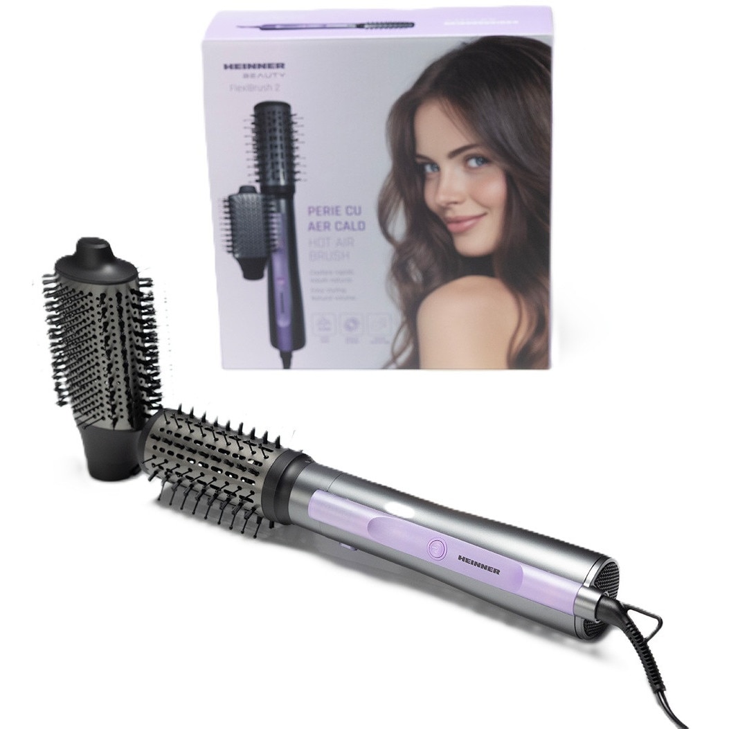 Perie cu aer cald Heinner HAB-Y12DC-GY2, Motor DC, 1200 W, 2 trepte de putere, Ionizare, Functie aer rece, Accesorii: perie rotunda mare, perie rotunda medie, Gri cu mov