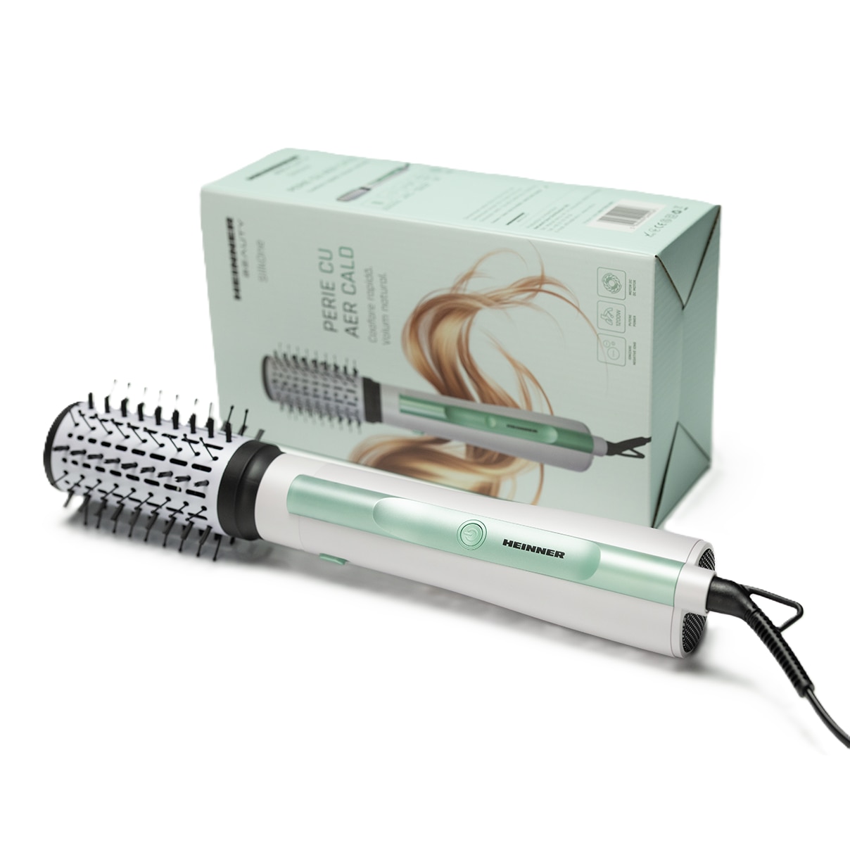Perie cu aer cald Heinner HAB-Y12DC-WH1, Motor DC, 1200 W, 2 trepte de putere, Ionizare, Functie aer rece, Accesorii: perie rotunda medie, Alb cu verde