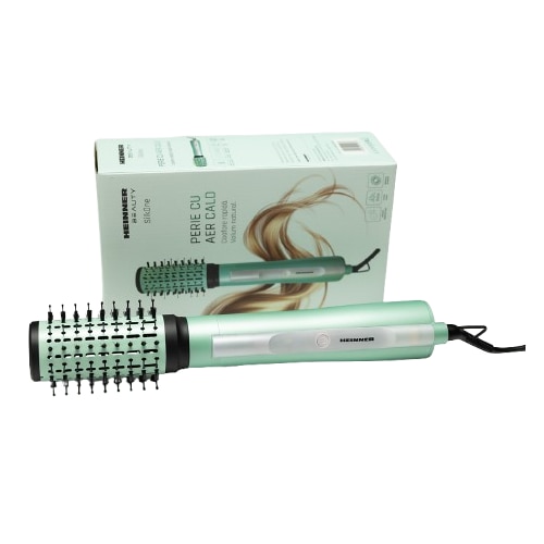 Perie cu aer cald Heinner HAB-Y12DC-GR1, Motor DC, 1200 W, 2 trepte de putere, Ionizare, Functie aer rece, Accesorii: perie rotunda medie, Verde cu alb