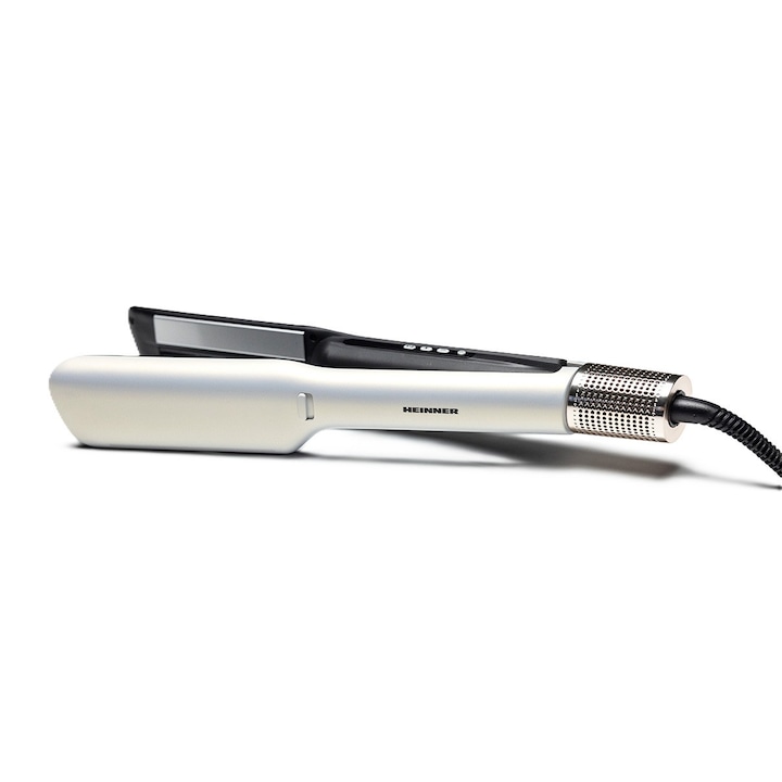 Placa de par profesionala Heinner HHS-Y2IN1BLDC-WH, 2 in 1 uscare si indreptare cu aer cald Display digital, Motor BLDC, Placi cu invelis ceramic, 100-230℃, aer rece, Ionizare, Oprire automata, Protectie filtru detasabila, Alb/Auriu