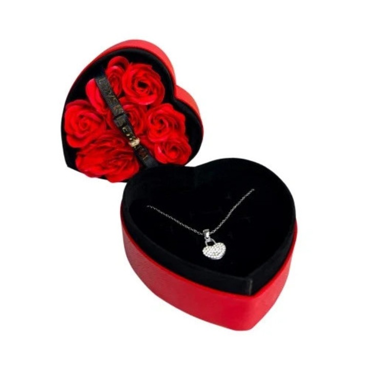 Cutie cadou inima cu trandafiri din sapun rosii si lantisor cu pandantiv, Velve