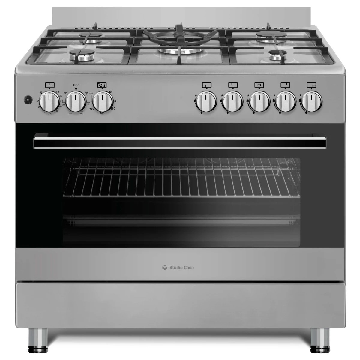 Aragaz electric / gaz Studio Casa FE 90/60, 5 arzatoare gaz, cuptor electric multifunctional, aprindere electrica, grill, rotisor, timer, latime 90 cm, argintiu